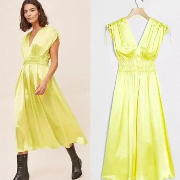 NWT Anthropologie Sarika Chartreuse Yellow Cinch Waist Midi Dress Size XL - Picture 1 of 7